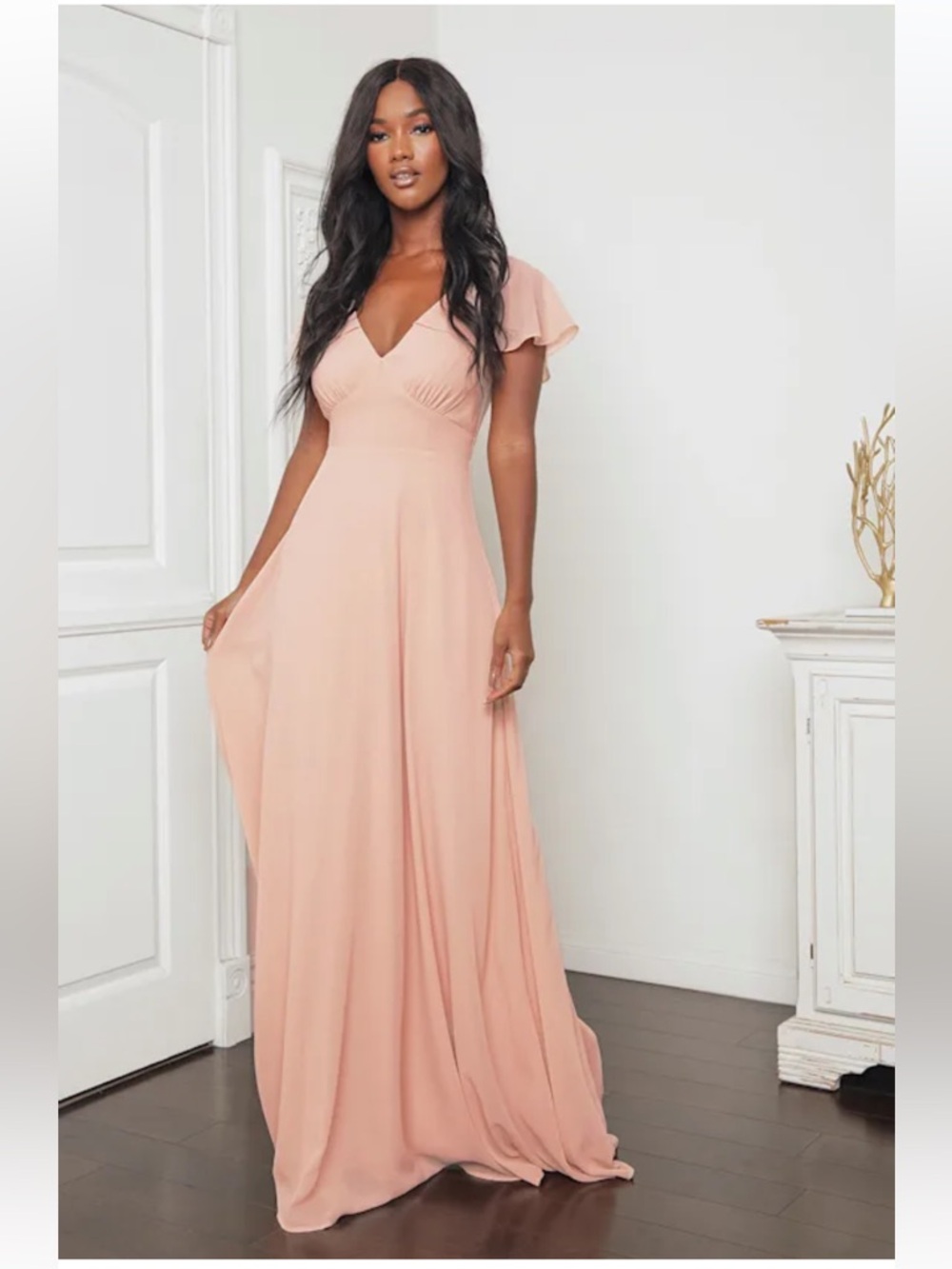 NWT Lulus Heart of Passion Blush Pink Flutter Sleeve Lace-Up Maxi Dress